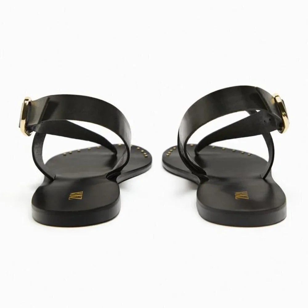 ZARA FLAT LEATHER SLIDER SANDALS WITH MICRO-STUDS BLACK SIZE 6.5 | 2620/110
